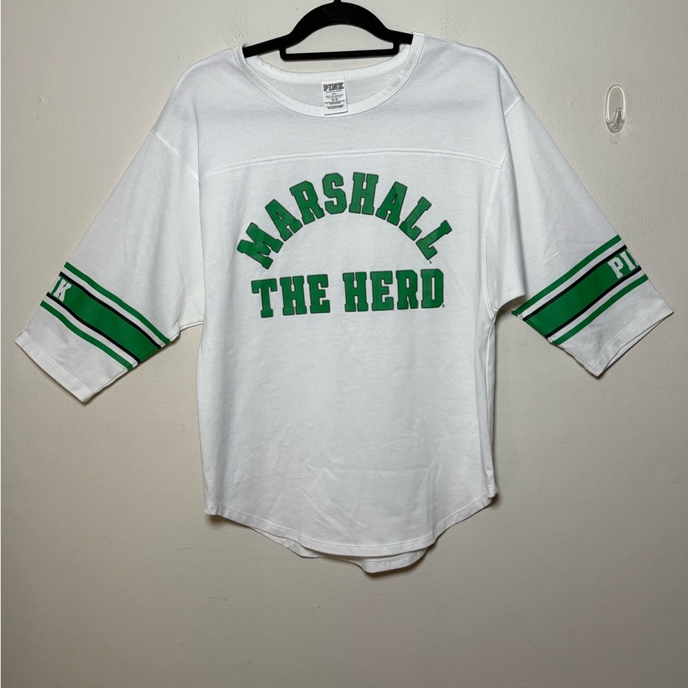 PINK Women’s White and Green Marshall The Herd 3/4 Sleeve Shirt Size M
